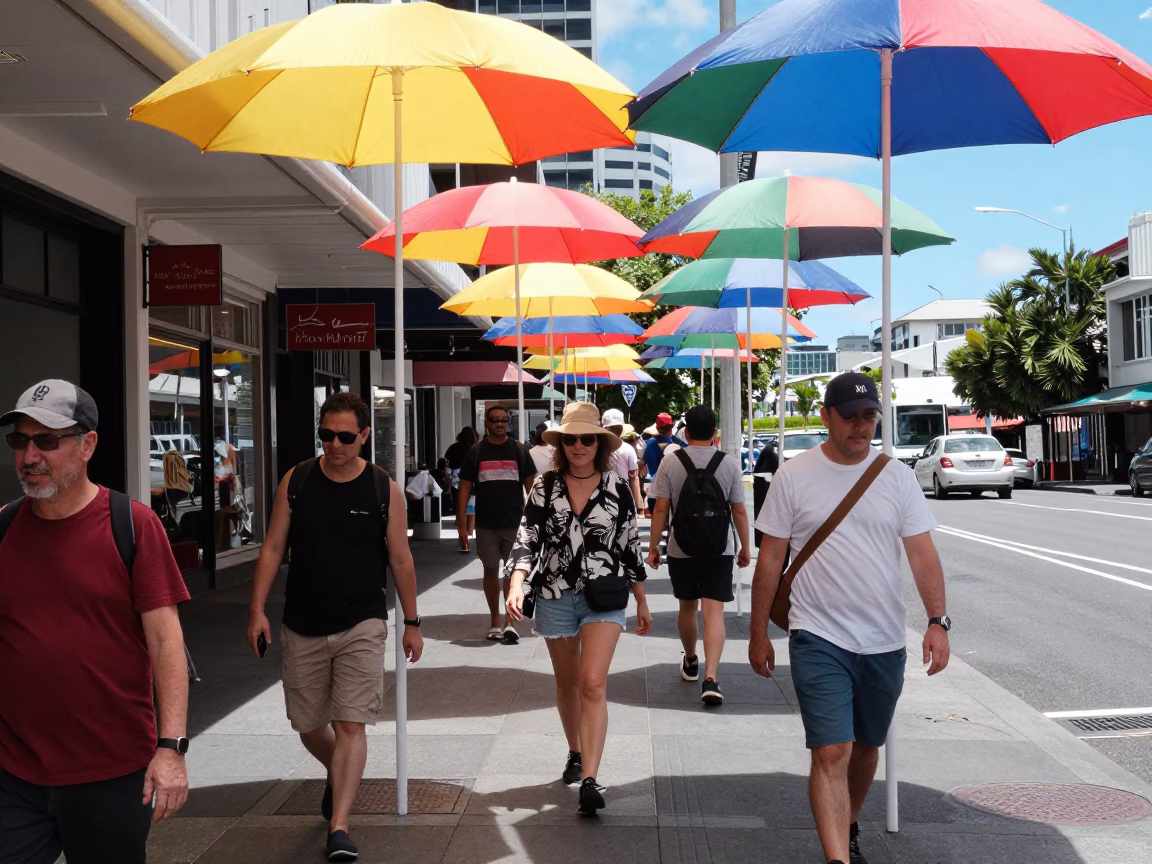 Vibrant Auckland Street Scene with Colorful Umbrellas and Pedestrians in Midmorning Sunlight in in Auckland, New Zealand