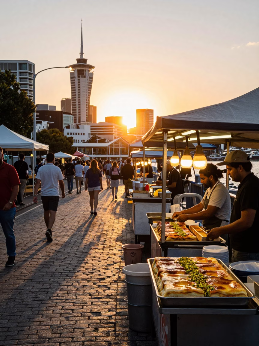 Vibrant Auckland Sunset Street Scene with Food Vendors and Urban Activity in in Auckland, New Zealand