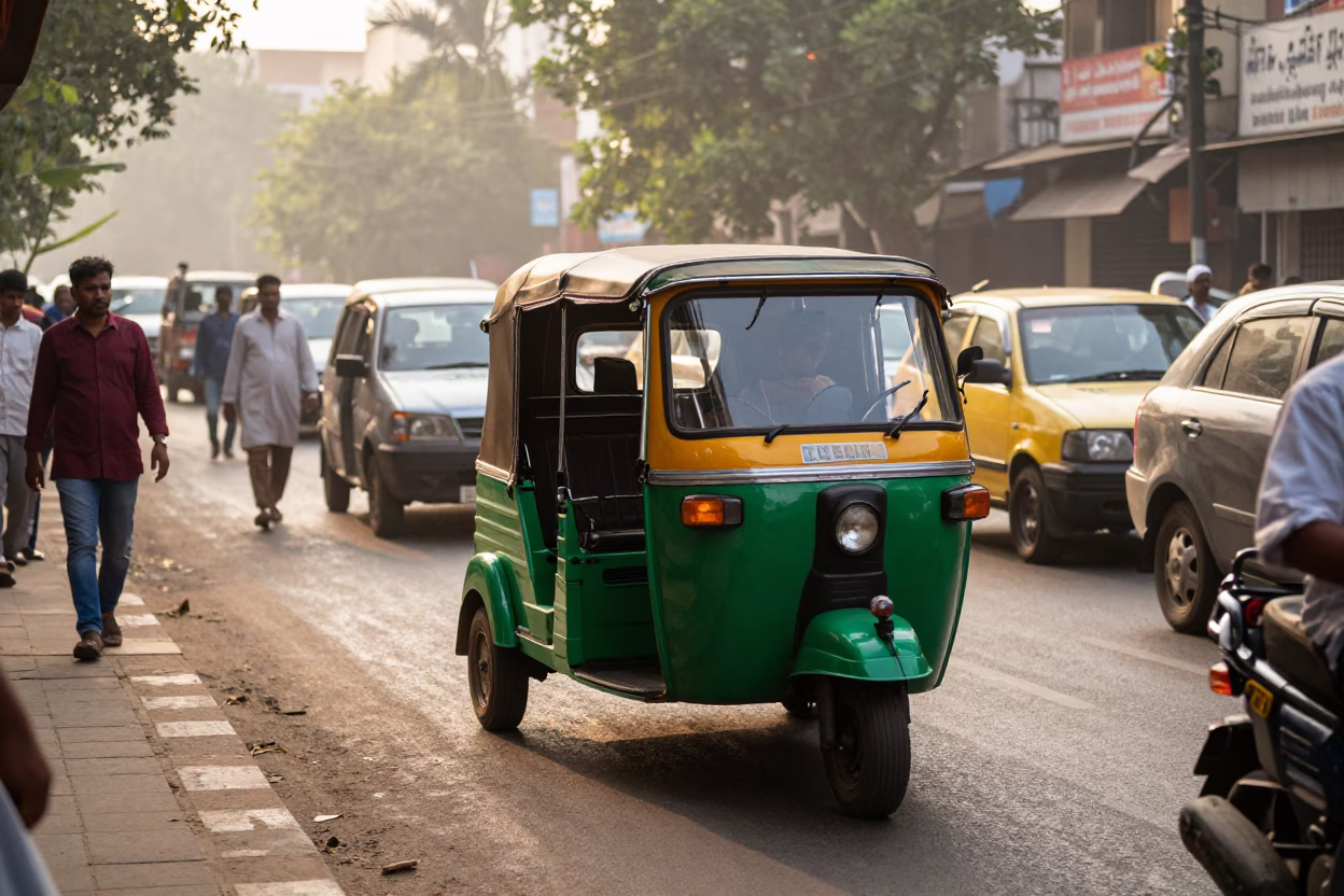 Vibrant Auto-Rickshaw Navigating Busy Hyderabad Streets at Sunrise in in Hyderabad, India