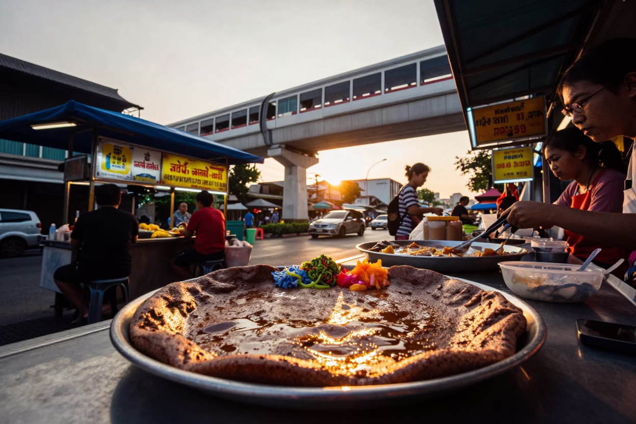 Vibrant Bangkok Street Food Stall at Sunset with Monorail and Injera Plate in in Bangkok, Thailand