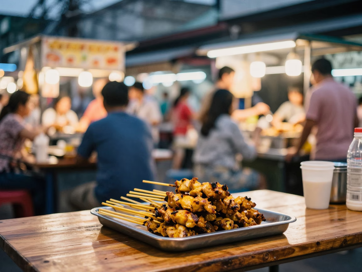 Vibrant Bangkok Street Food Stall Evening Scene with Satay and Local Diners in in Bangkok, Thailand