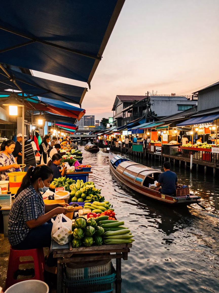 Vibrant Bangkok Street Market Scene with Canal Barge and Local Vendor at Dusk in in Bangkok, Thailand