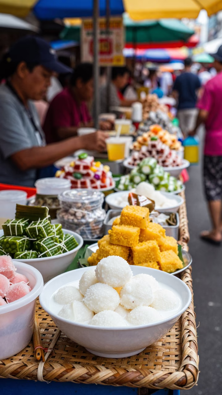 Vibrant Bangkok Street Market Stall Displaying Traditional Desserts and Hanging Decorations in in Bangkok, Thailand