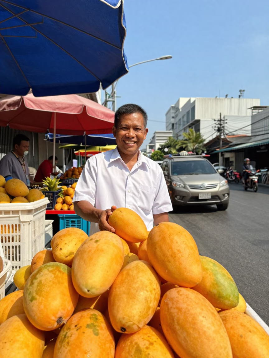 Vibrant Bangkok Street Scene Under Flat Noon Light with Local Vendor in in Bangkok, Thailand