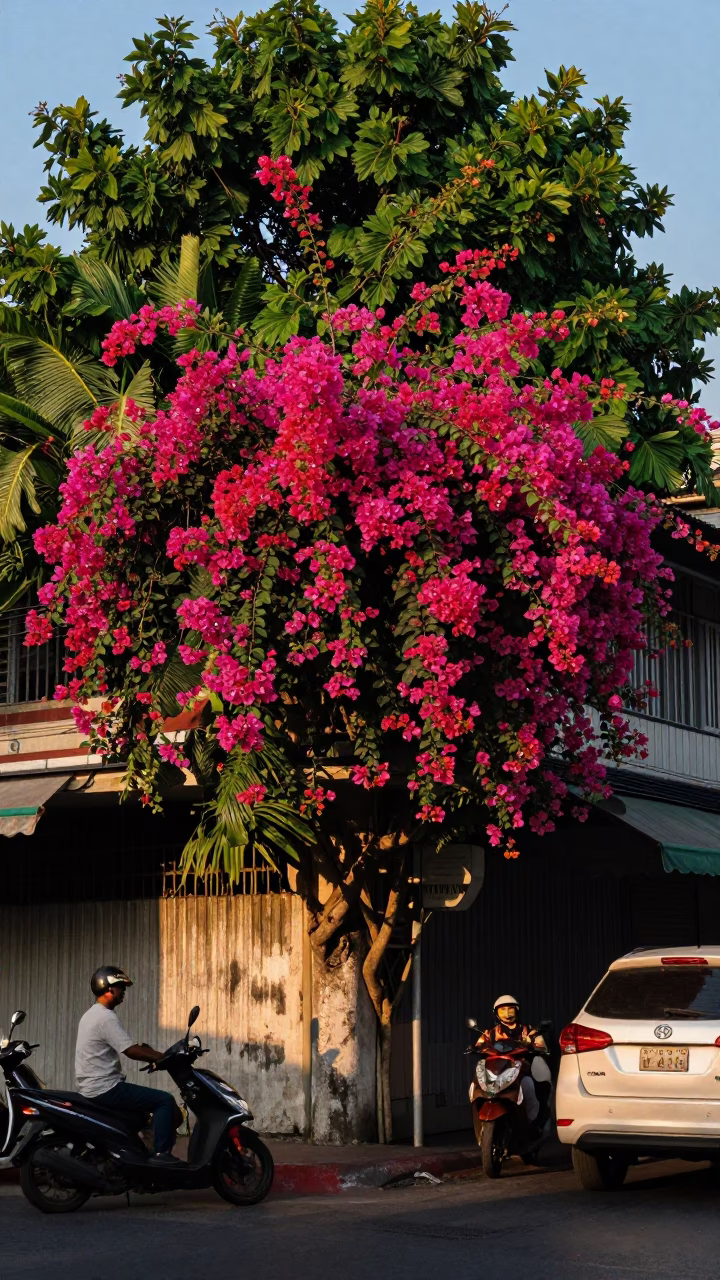 Vibrant Bangkok Street Scene with Bougainvillea and Nasi Goreng in Early Evening in in Bangkok, Thailand