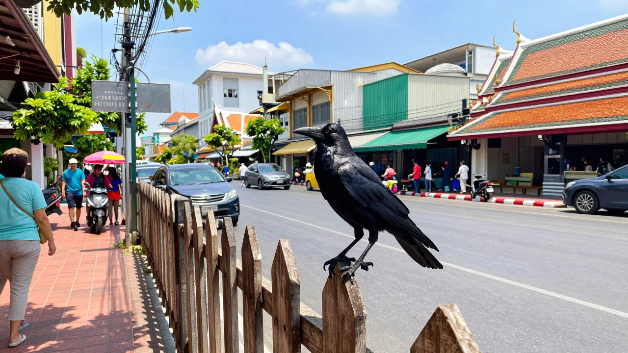 Vibrant Bangkok Street Scene with Crow on Fence and Colorful Umbrellas in in Bangkok, Thailand