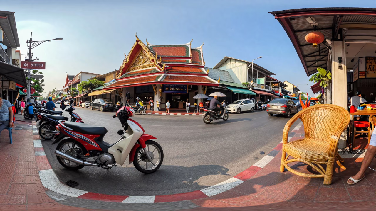 Vibrant Bangkok Street Scene with Motorcycle and Rattan Chair in Early Afternoon Light in in Bangkok, Thailand