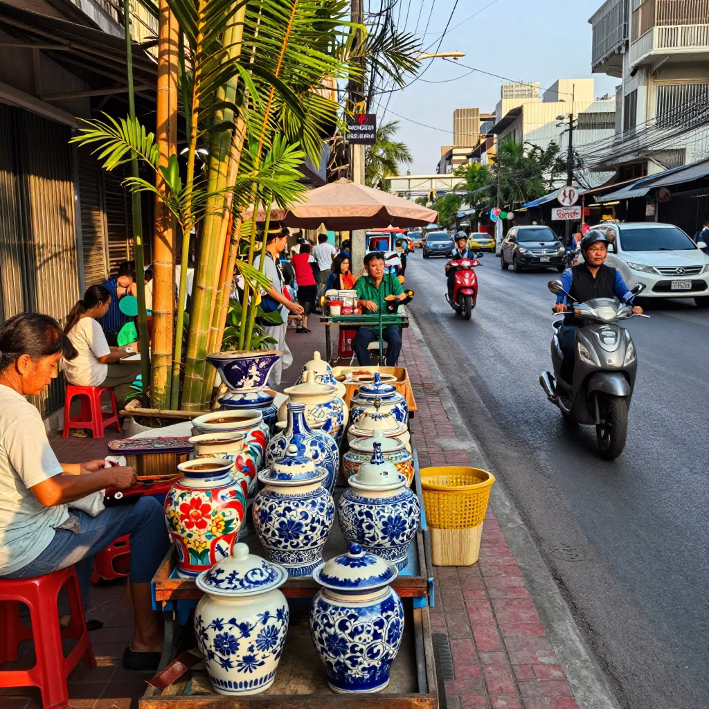 Vibrant Bangkok Street Scene with Porcelain Jar and Bamboo Elements in Late Afternoon Light in in Bangkok, Thailand