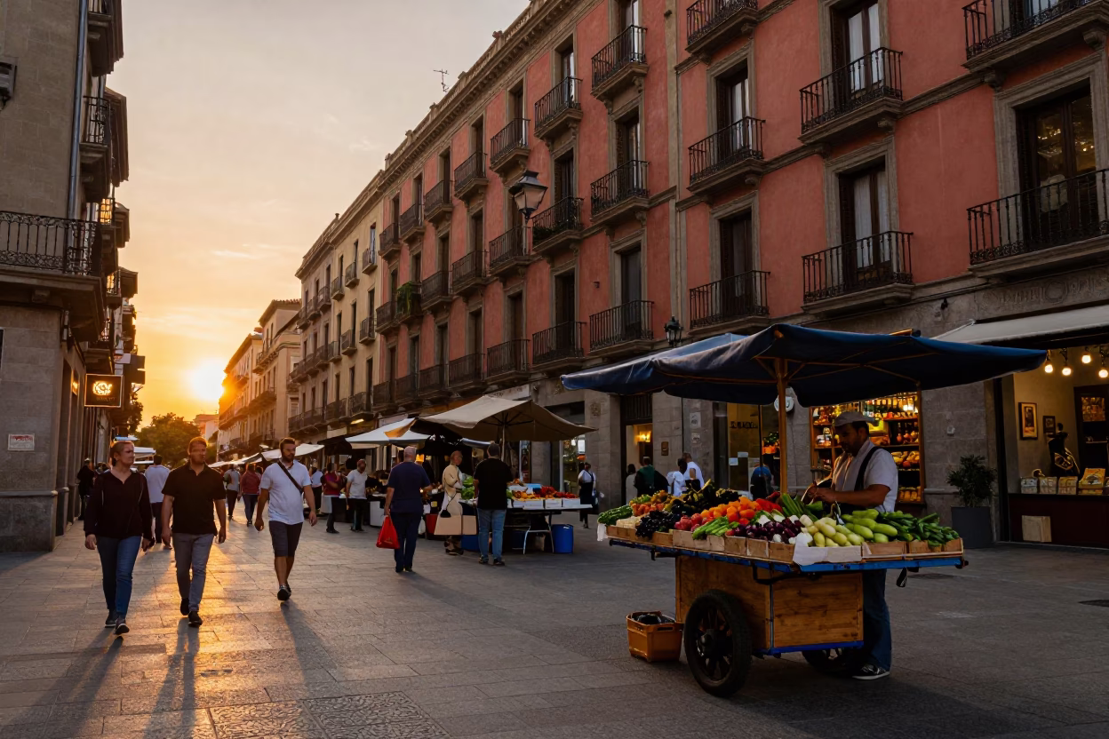 Vibrant Barcelona Street Scene at Sunset with Traditional Market Activity in in Barcelona, Spain