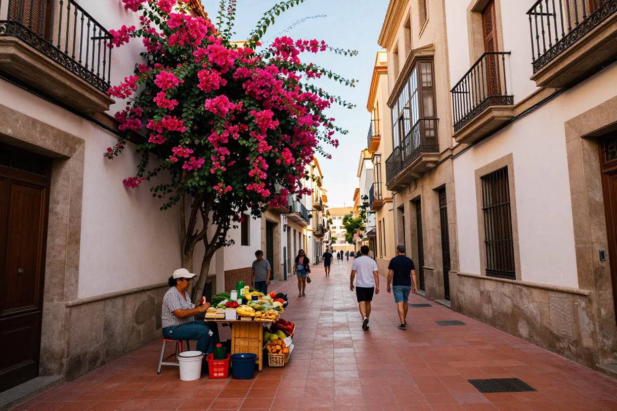 Vibrant Barcelona Street Scene with Bougainvillea and Local Life in Early Afternoon in in Barcelona, Spain