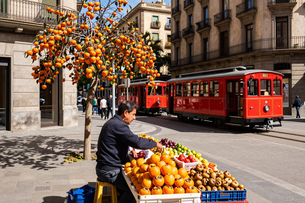 Vibrant Barcelona street scene with persimmons and narrow gauge train in bright midmorning light in in Barcelona, Spain