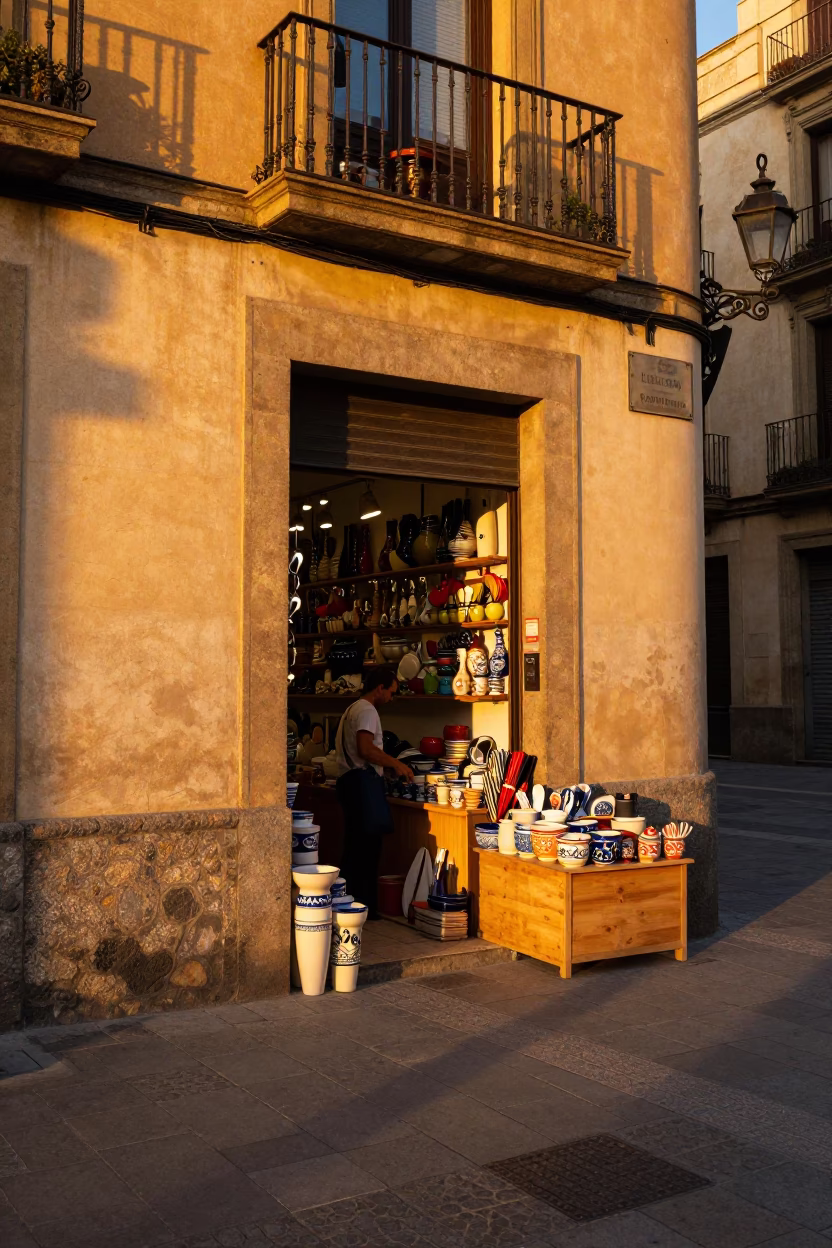 Vibrant Barcelona Sunset Street Scene with Local Shopkeepers and Traditional Utensils in in Barcelona, Spain