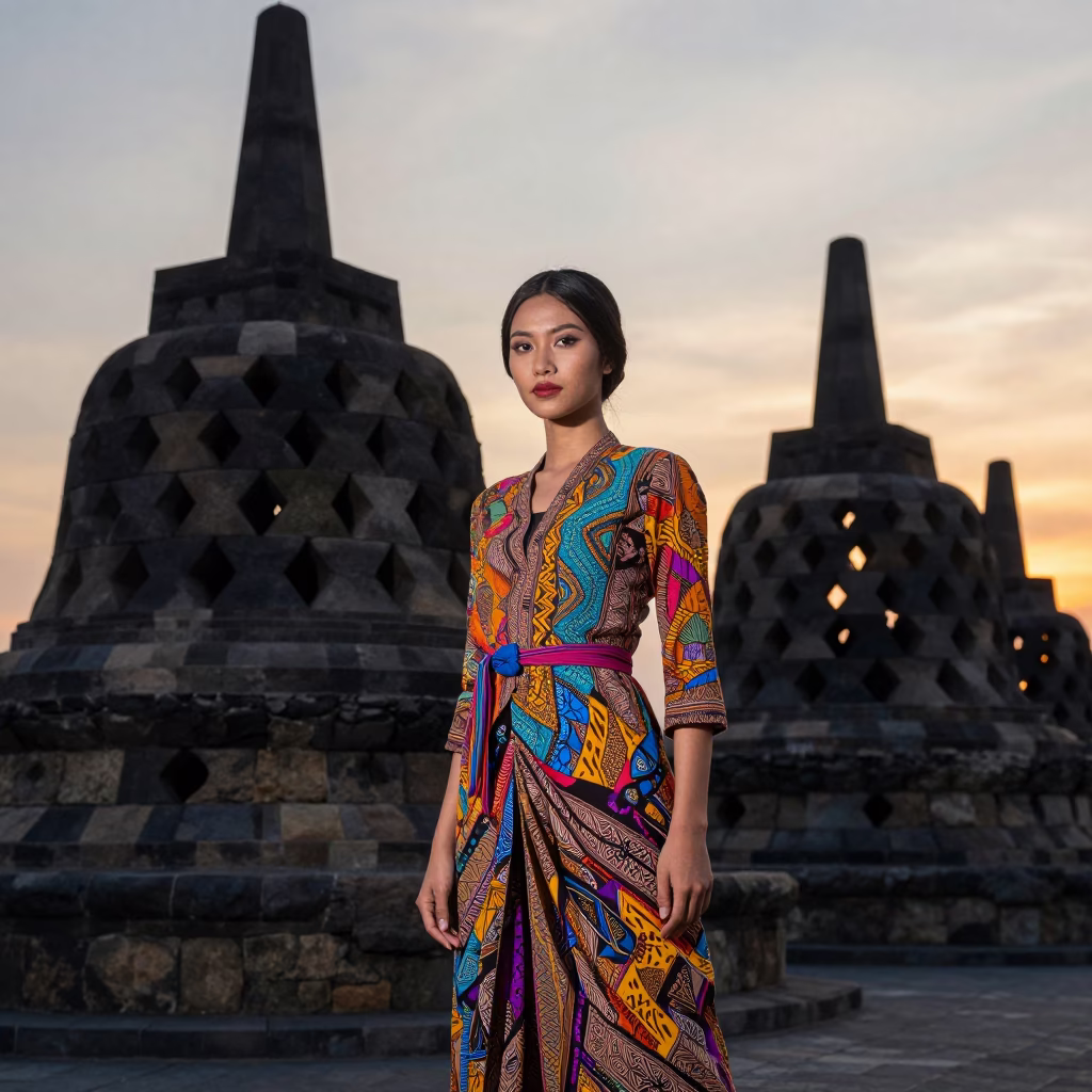 Vibrant Batik Fashion Model Poses Against Yogyakarta Temple at Sunset in in Yogyakarta, Indonesia