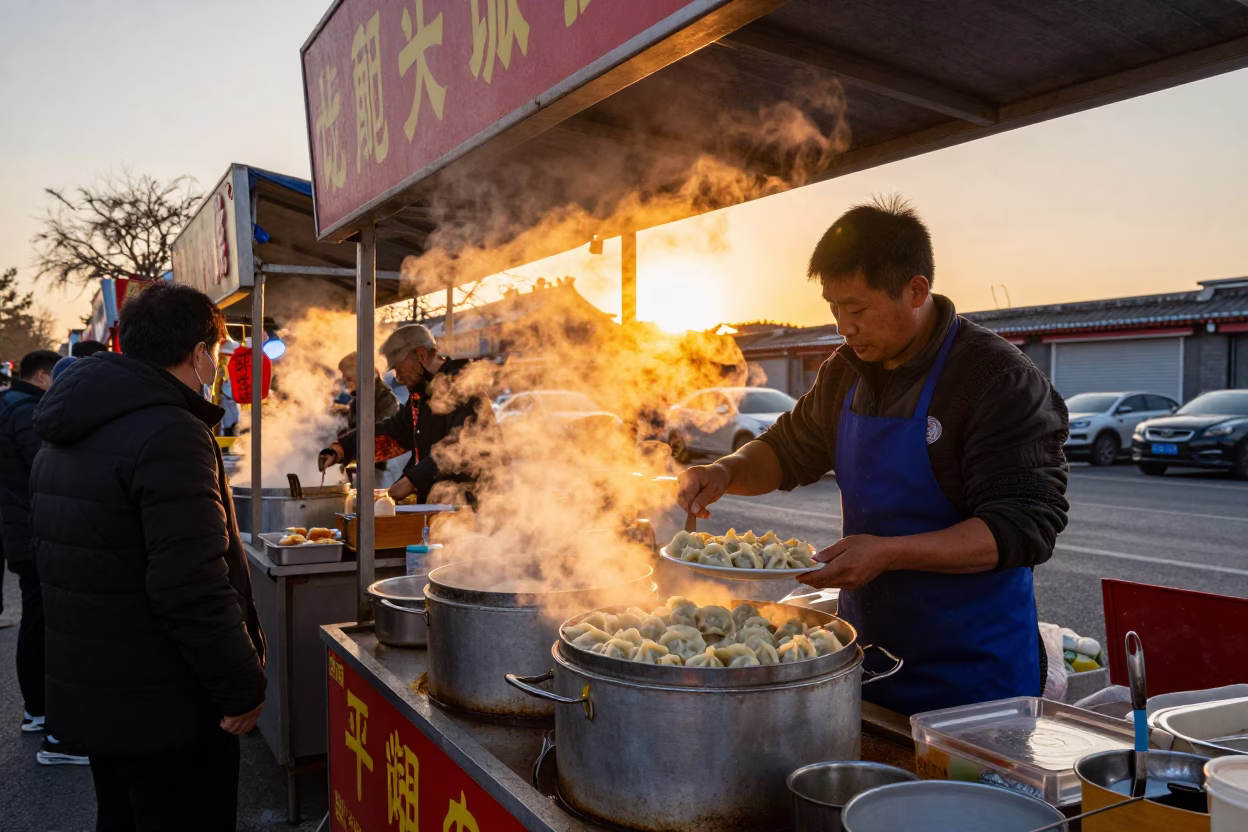Vibrant Beijing Street Food Stall at Sunset with Steam and Local Diners in in Beijing, China