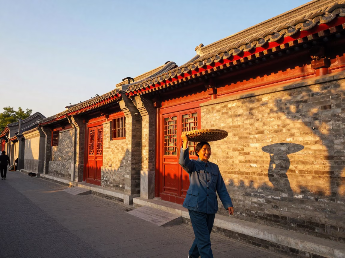 Vibrant Beijing Street Scene at Sunset with Traditional Hutong Architecture and Local Life in in Beijing, China