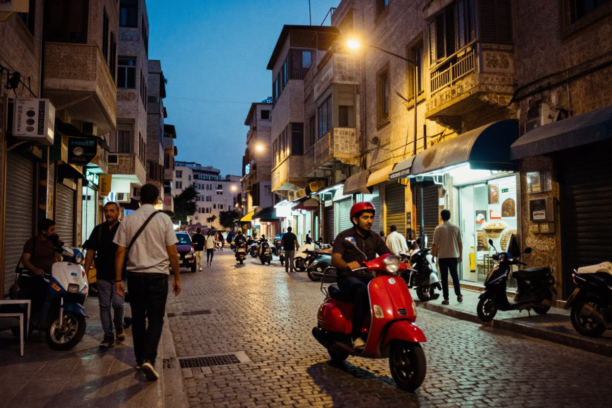 Vibrant Beirut Street Scene at Dusk with Scooter and Traditional Cafe Culture in in Beirut, Lebanon