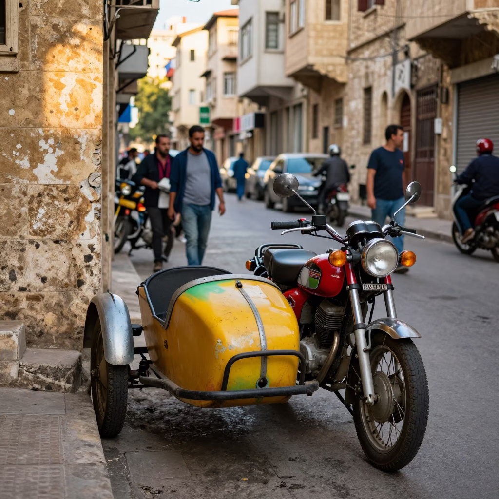Vibrant Beirut Street Scene Early Afternoon with Vintage Motorcycle and Urban Life in in Beirut, Lebanon