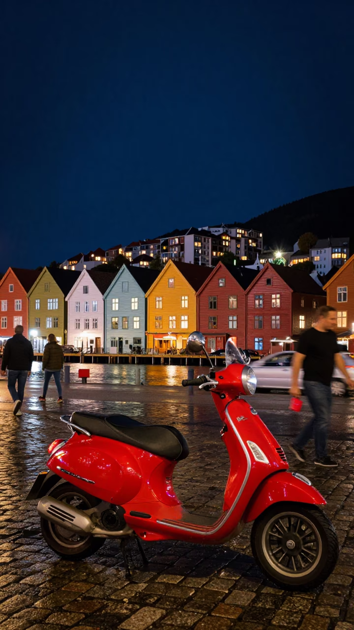 Vibrant Bergen Harbor Night Scene with Colorful Scooter and Local Street Life in in Bergen, Norway
