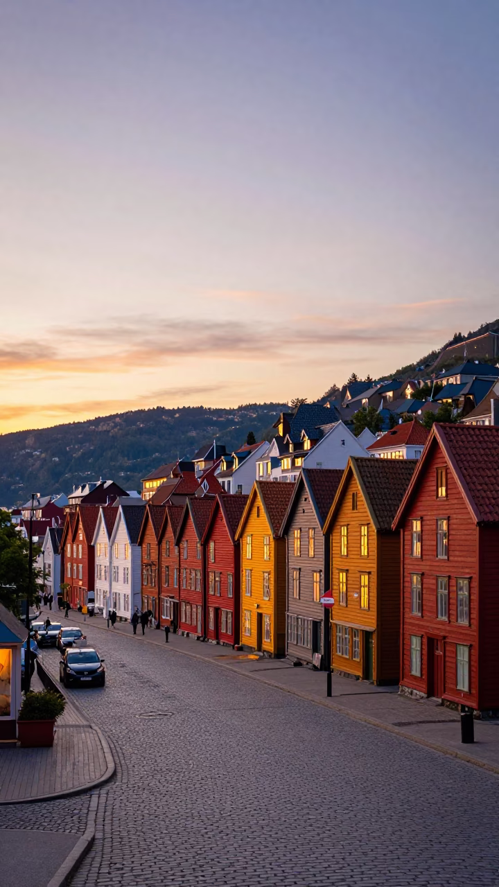 Vibrant Bergen Norway Evening Street Scene with Colorful Houses and Basket in in Bergen, Norway