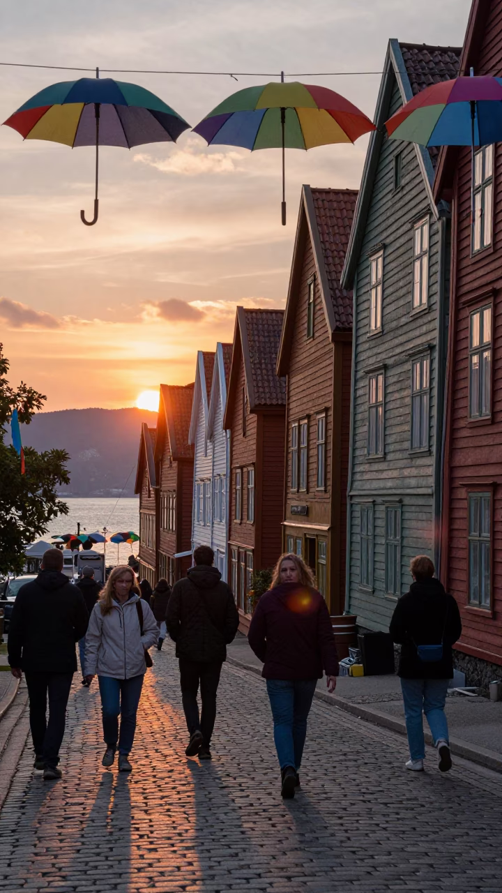 Vibrant Bergen Norway Street Scene at Sunset with Colorful Umbrellas and Local Life in in Bergen, Norway
