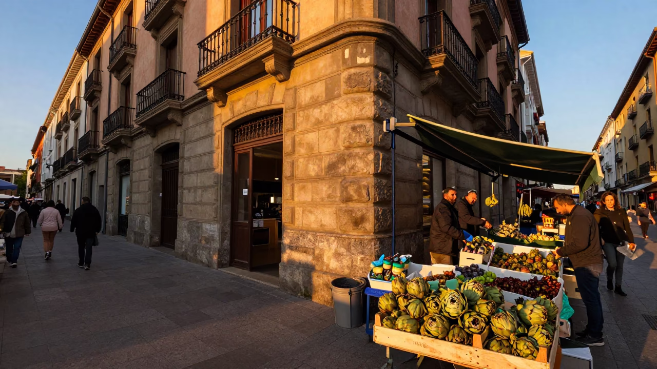 Vibrant Bilbao Evening Street Scene with Local Market Goods and Traditional Architecture in in Bilbao, Spain