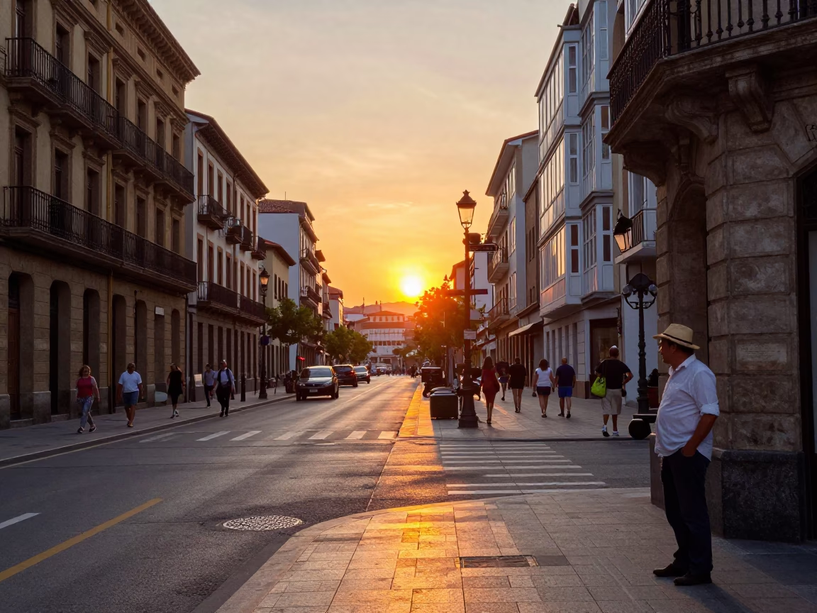 Vibrant Bilbao Street Scene at Sunset with Local Life and Architecture in in Bilbao, Spain