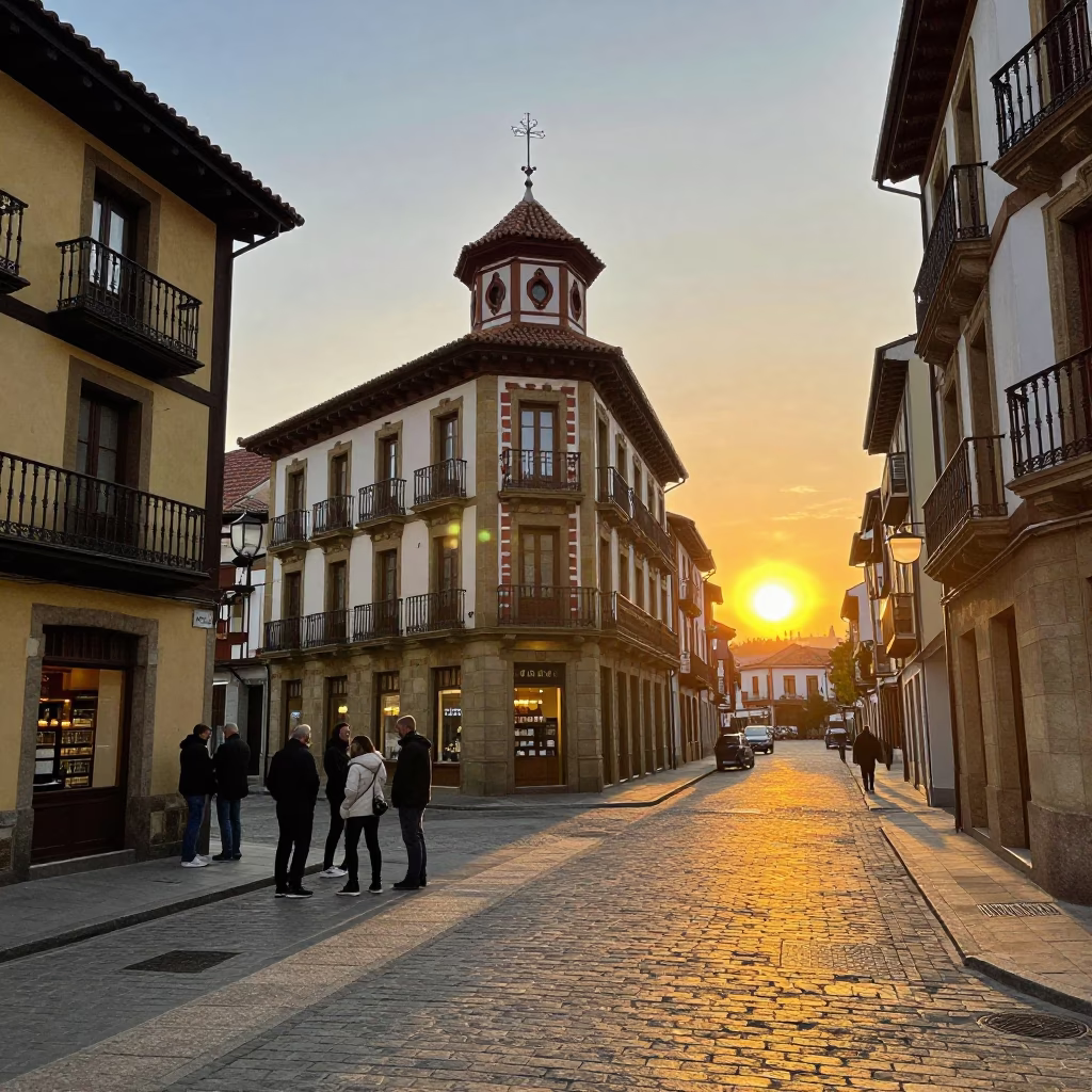 Vibrant Bilbao Street Scene at Sunset with Traditional Architecture and Local Life in in Bilbao, Spain
