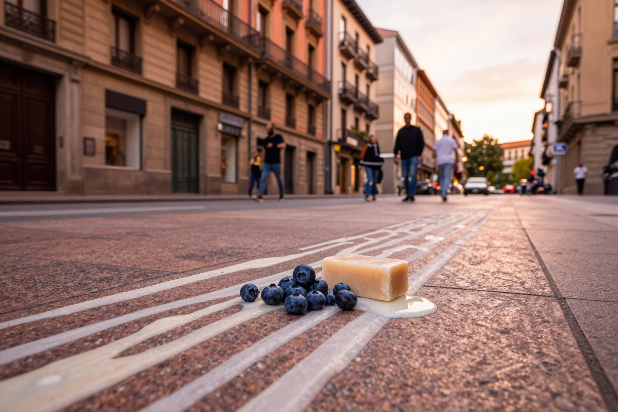 Vibrant Bilbao Street Scene with Blueberries and Soap Streaks in Dusk Light in in Bilbao, Spain