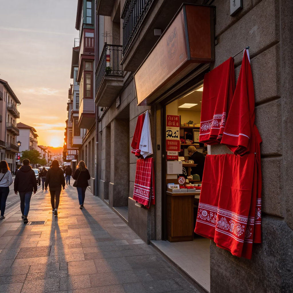 Vibrant Bilbao Street Scene with Traditional Dish Towels at Sunset in in Bilbao, Spain