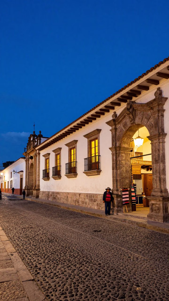 Vibrant Blue Hour Street Life in Quito Ecuador with Traditional Textiles and Colonial Architecture in in Quito, Ecuador