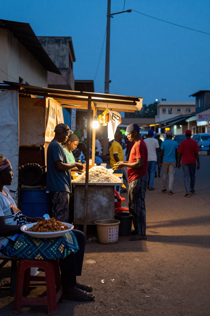 Vibrant Blue Hour Street Scene in Accra Ghana with Waakye Plate and Shito Sauce in in Accra, Ghana