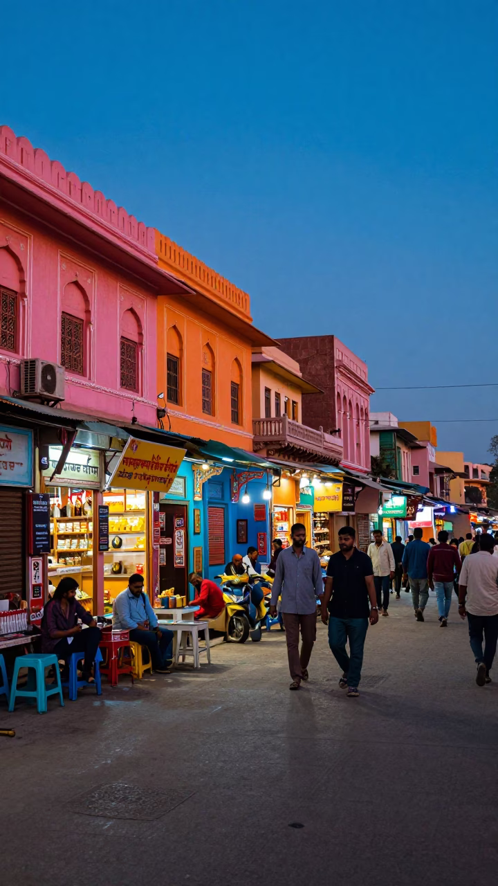 Vibrant Blue Hour Street Scene in Jaipur India with Colorful Bazaar Activity in in Jaipur, India