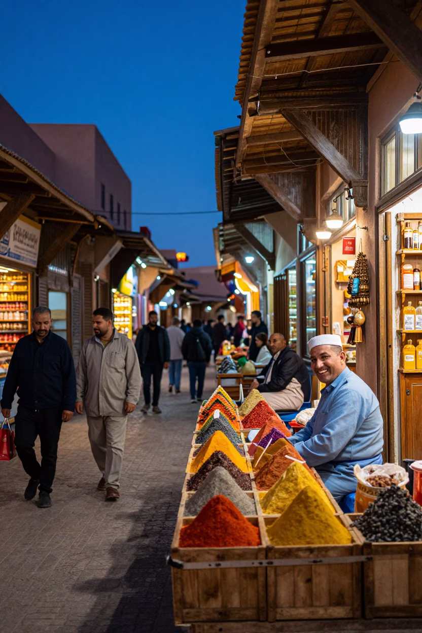 Vibrant Blue Hour Street Scene in Marrakech Morocco with Local Life in in Marrakech, Morocco