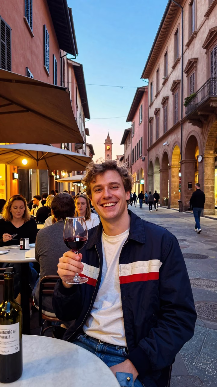 Vibrant Bologna Evening Street Scene with Red Wine and Traditional Dining Atmosphere in in Bologna, Italy