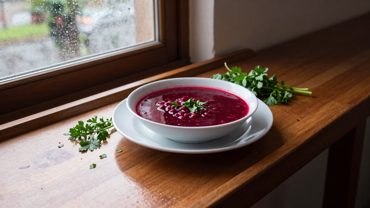 Vibrant Borscht Bowl on Lacquered Tray in Guayaquil Light in on a lacquered tray in Guayaquil