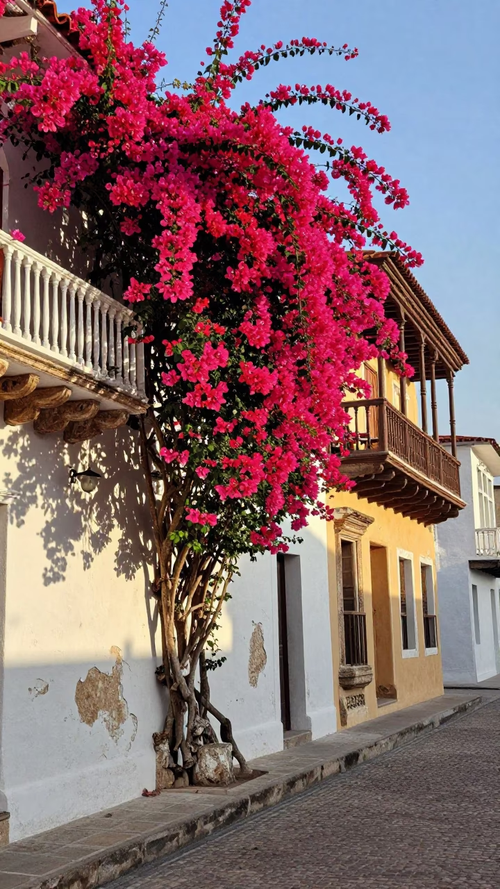 Vibrant Bougainvillea and Colonial Balconies in Early Afternoon Cartagena Colombia in in Cartagena, Colombia
