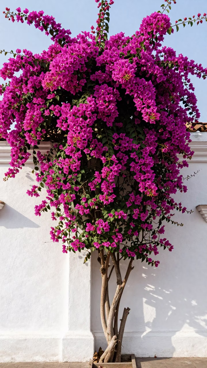 Vibrant Bougainvillea Cascade Over White Colonial Wall in Historic Lima Peru Late Morning in in Lima, Peru