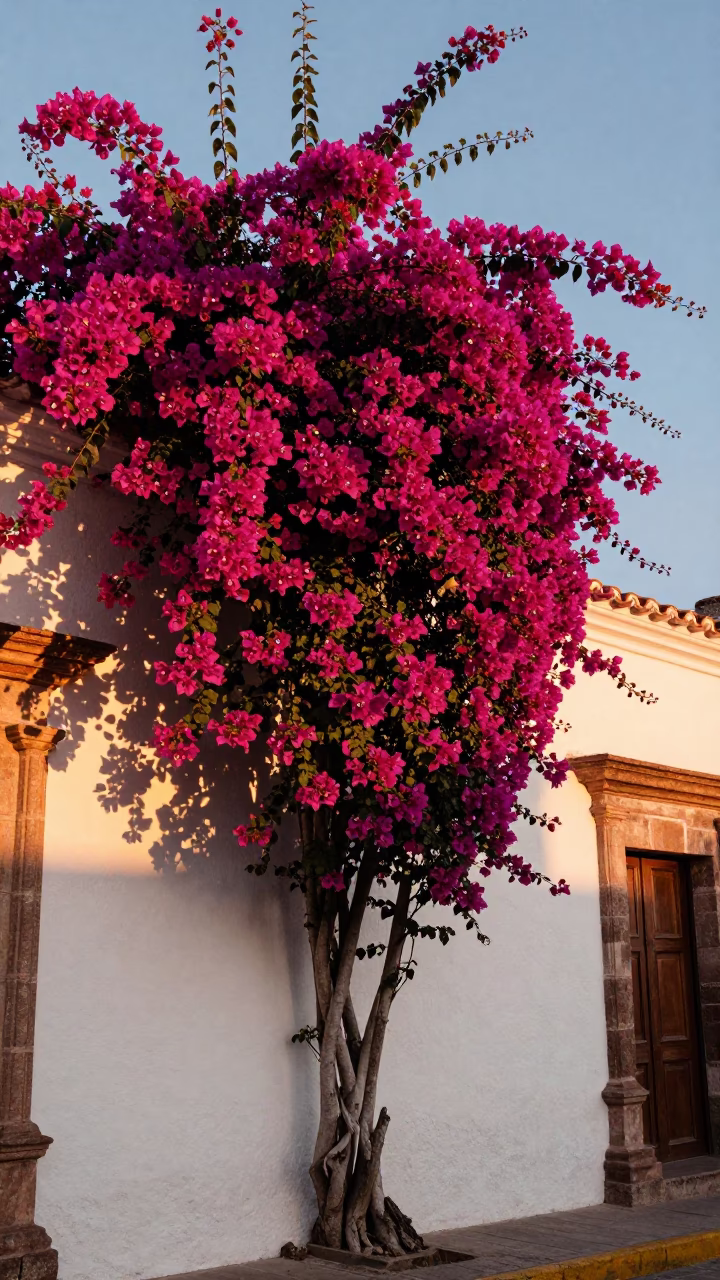 Vibrant Bougainvillea Cascade Over White Colonial Wall in Quito Evening Light in in Quito, Ecuador