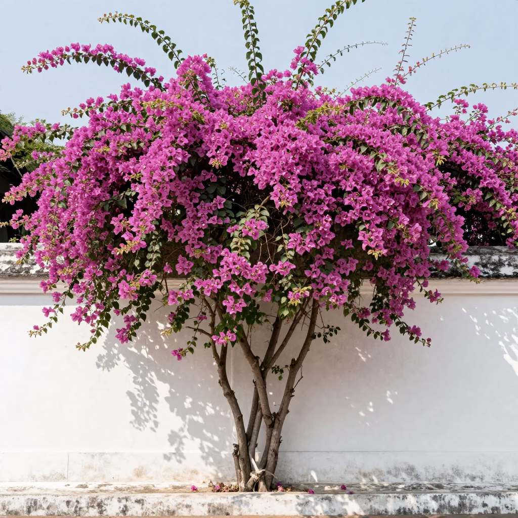 Vibrant Bougainvillea Cascade Over White Garden Wall in Chiang Mai Thailand Noon in in Chiang Mai, Thailand