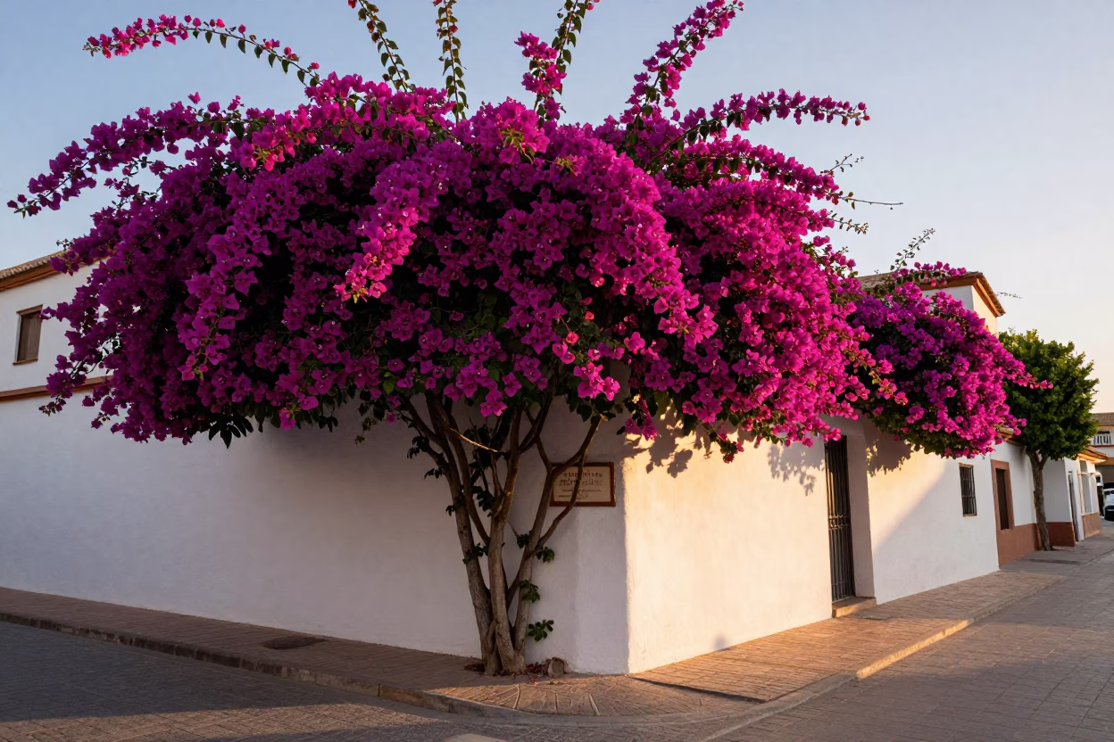 Vibrant Bougainvillea Cascade Over White Wall in Early Evening Valencia Spain Street Scene in in Valencia, Spain