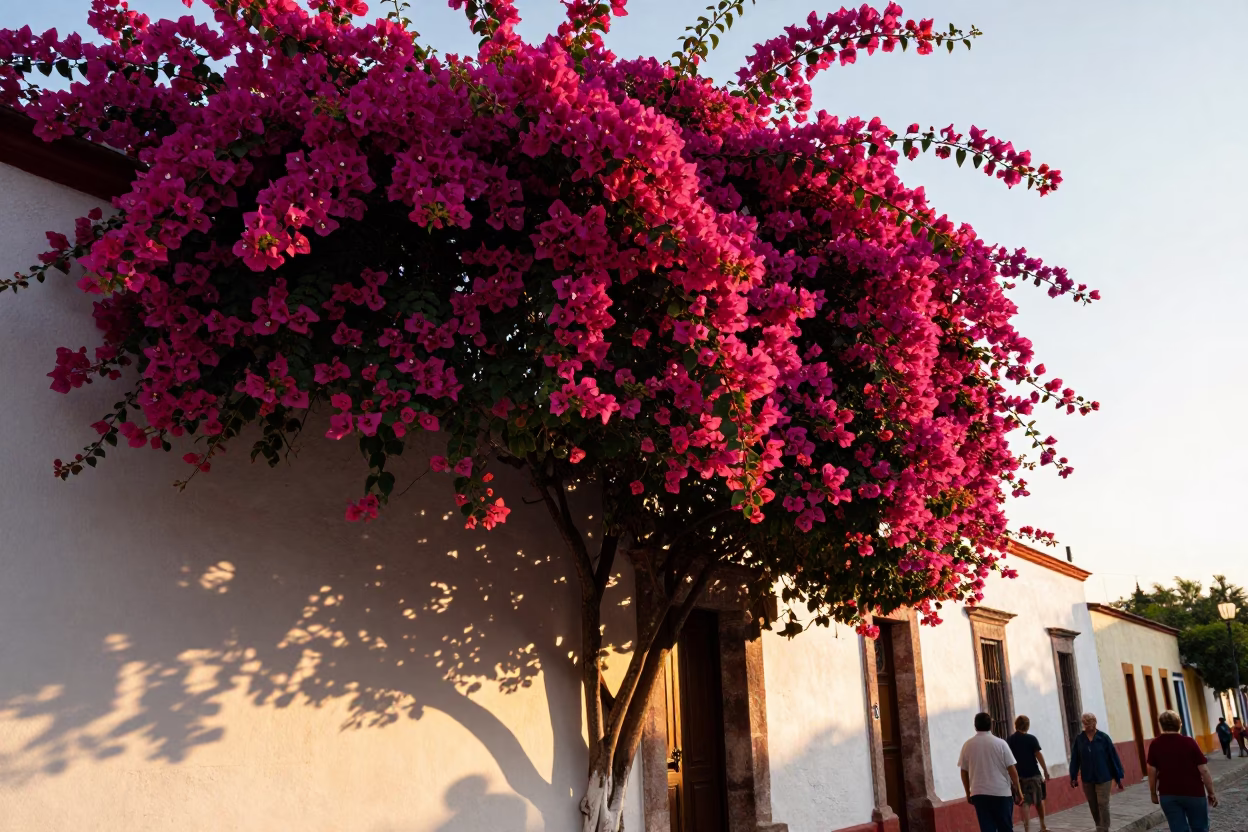 Vibrant Bougainvillea Cascade Over White Wall in Golden Hour Guadalajara Street Scene in in Guadalajara, Mexico