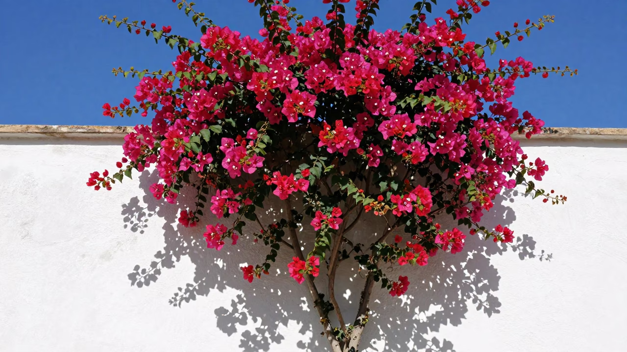 Vibrant Bougainvillea Cascade Over White Wall in Palermo Italy Midday Sunlight in in Palermo, Italy