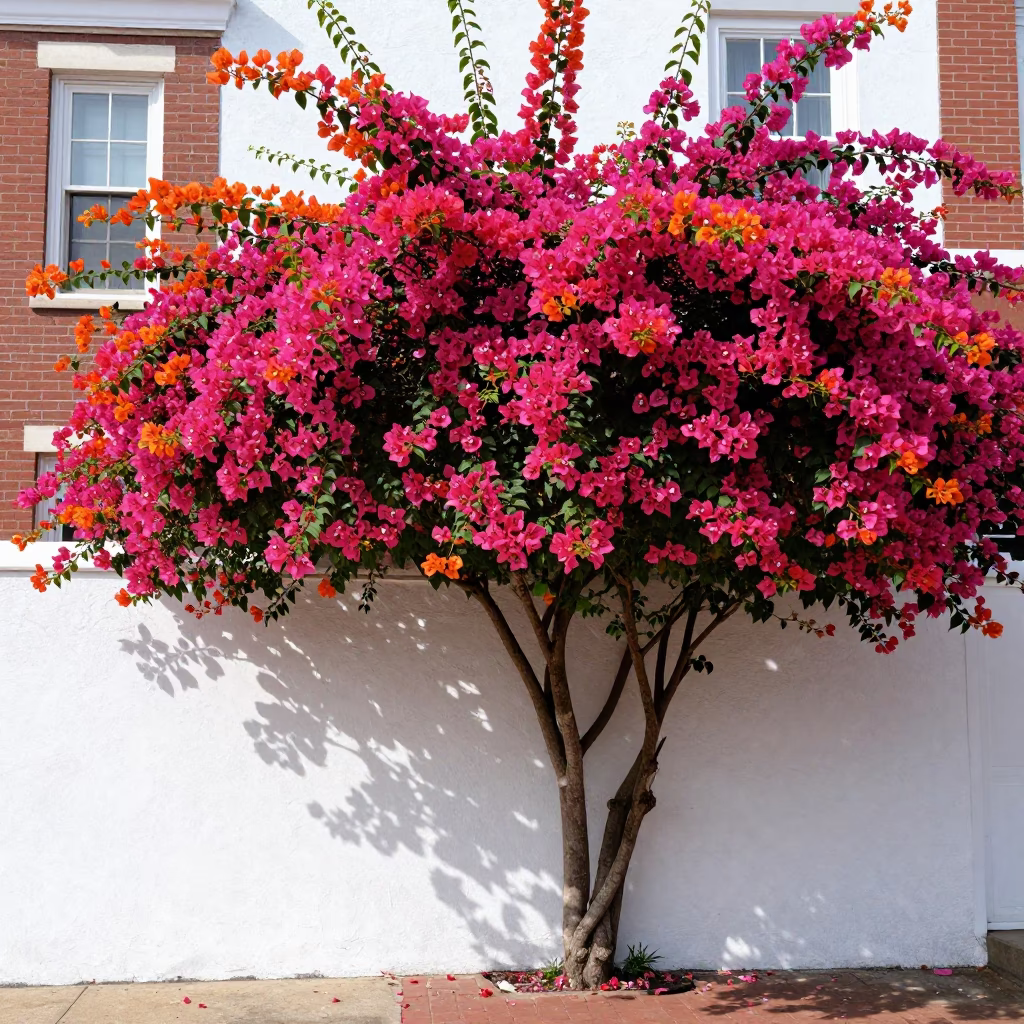 Vibrant Bougainvillea Cascade Over White Wall in Philadelphia Pennsylvania Midday Street Scene in in Philadelphia, Pennsylvania, United States