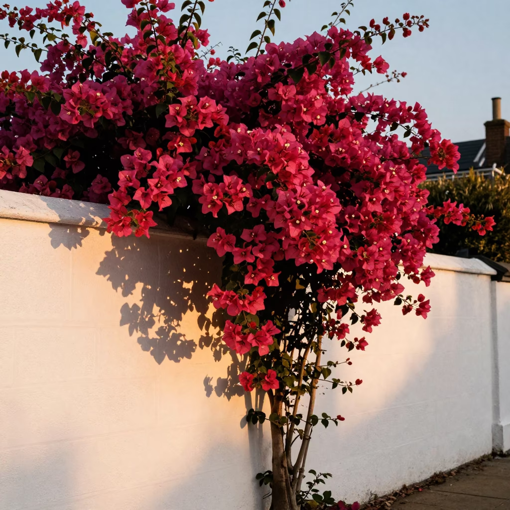 Vibrant Bougainvillea Cascading Over White Garden Wall in Bristol United Kingdom Evening Light in in Bristol, United Kingdom