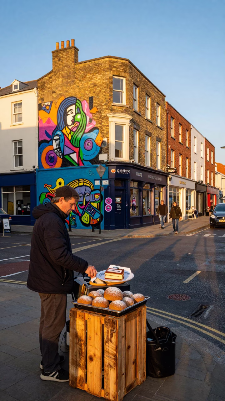 Vibrant Bristol Evening Street Scene with Colorful Street Art and Local Market Activity in in Bristol, United Kingdom