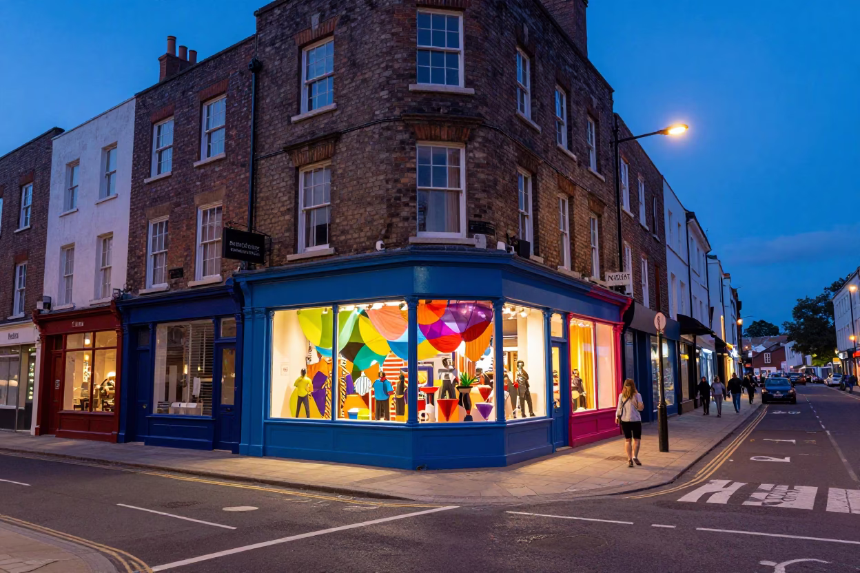 Vibrant Bristol Street Scene at Indigo Twilight with Colorful Shop Displays and Local Pedestrians in in Bristol, United Kingdom