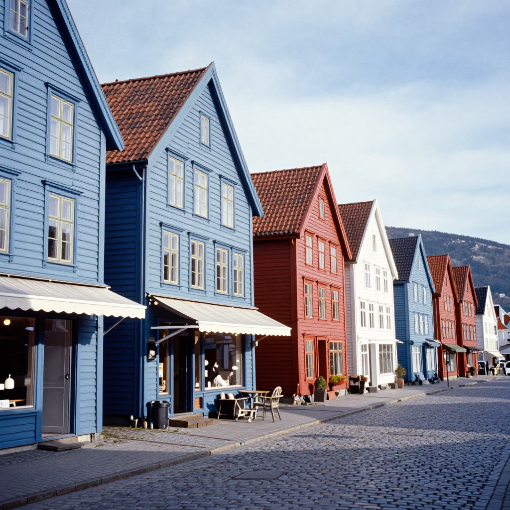 Vibrant Bryghan Wharf Colorful Houses Bergen Norway Midmorning in in Bergen, Norway