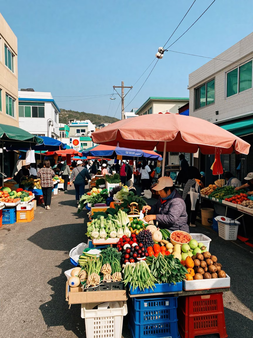 Vibrant Busan Street Market Scene Under Flat Noon Sunlight with Colorful Merchants in in Busan, South Korea