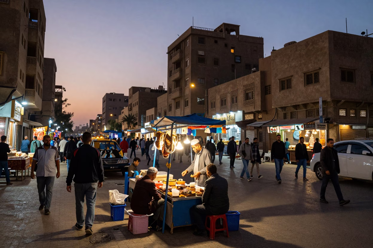 Vibrant Cairo Street Scene at Dusk with Vendor and Straw Hat in in Cairo, Egypt