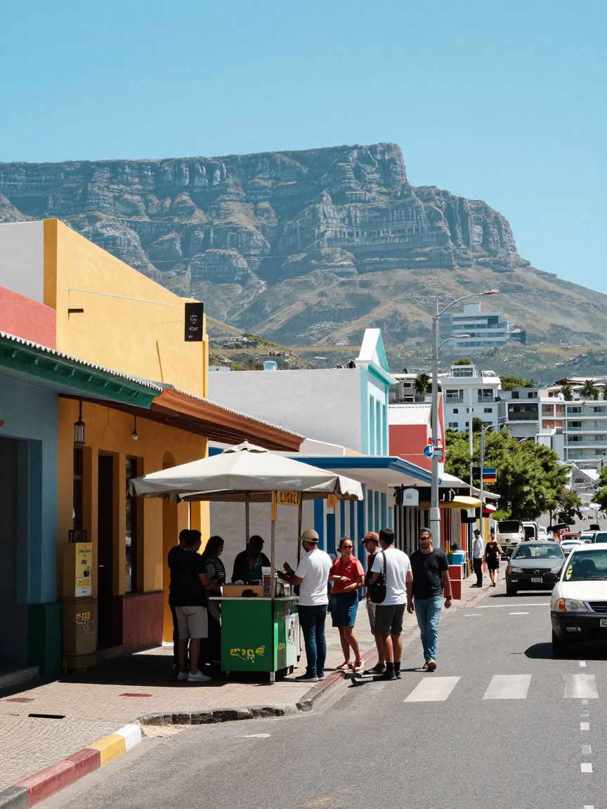 Vibrant Cape Town street scene at midday with colorful storefronts and local vendors in in Cape Town, South Africa